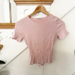 Reformation Pink Gingham Lace Up Back Crop Top Stretch Short Sleeve Size S